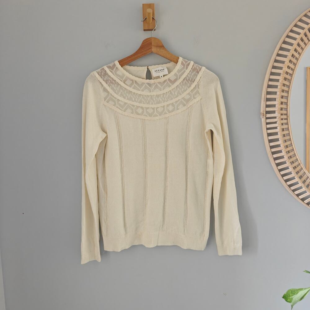 SEZANE Tobia Ecru Merino Wool Cotton Embroidered Lace Yoke Sweater S